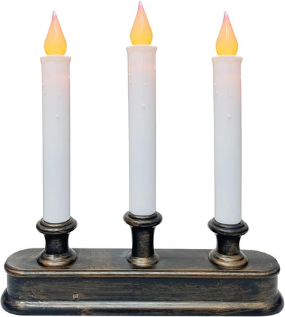 Christmas Window Candle - 3 Light Battery Operated LED Window Candelabra with Dusk to Dawn Light Sensor, Flicker Flameless Candle Lamps for Home Table Party Christmas Decoration, Bronze Base