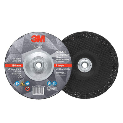 3M Silver Depressed Center Grinding Wheel, 87448, T27 Quick Change, 7 in x 1/4 in x 5/8 in-11, Pack of 10, Deburring Edges, Heavy Stock Removal, Stainless Steel, Mild Steel, Right Angle Grinding