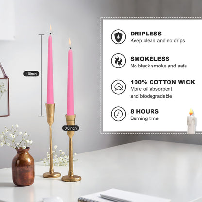 Ksefey 10 Inch Pink Taper Candles Set of 6 - Dripless,Unscented,8 Hours Burn Time-Perfect for Wedding,Dinner,Party and Home Decor