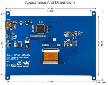 waveshare 7inch HDMI LCD IPS Capacitive Touch Screen 1024×600 Display Monitor Compatible with Raspberry Pi 5/4B/3B+/3B/Pi Zero W/Zero 2W/Pico/Pico W/Pico 2/Pico 2WJetson Nano/Win10/8/7,etc.