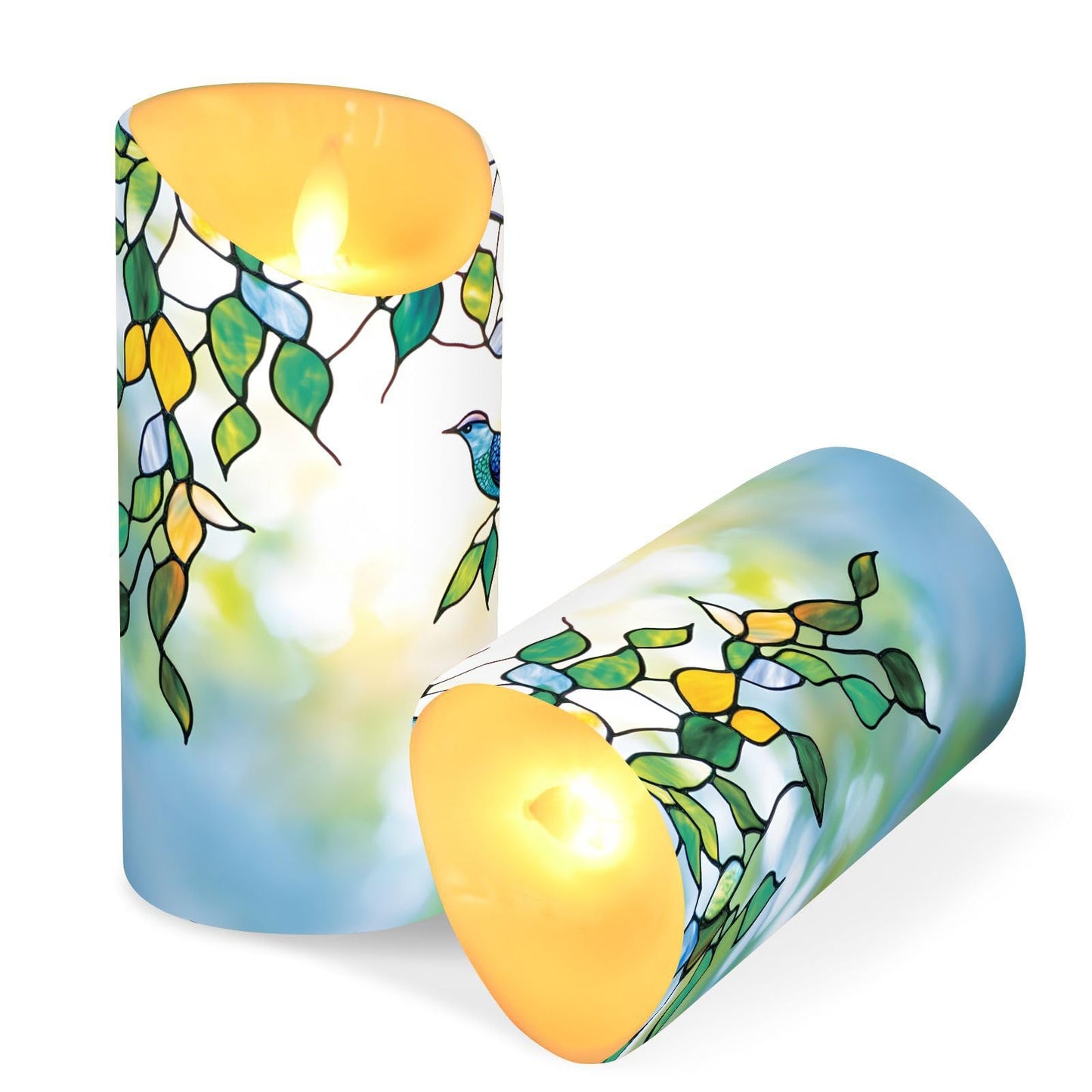 Flameless Candles Set of 2 Bird Leaf Stained Glass Realistic LED Candles with Remote Battery Operated Holiday Decorations