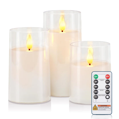 Raycare Flameless Candles Battery Operated with Remote Timer, Acrylic Flickering LED Pillar Candle for Christmas, Wedding, Home Decor, Gift for Family and Friend, White, Set of3
