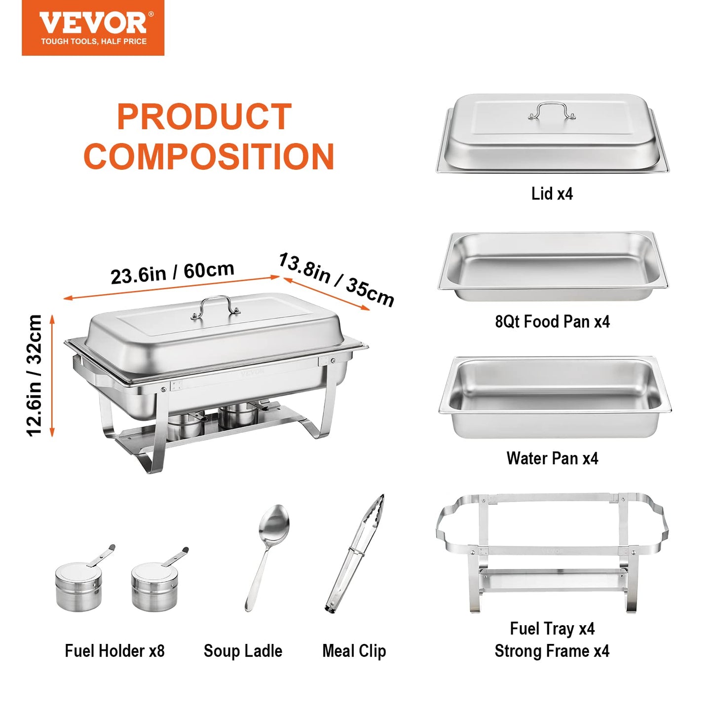 VEVOR Chafing Dish Buffet Set, 8 Qt 4 Pack, Stainless Chafer with 4 Full Size Pans, Rectangle Catering Warmer Server with Lid Water Pan Folding Stand Fuel Tray Holder Spoon Clip