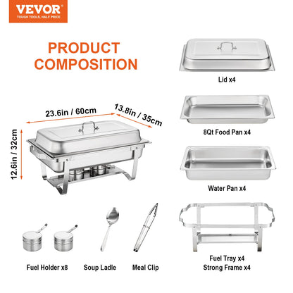 VEVOR Chafing Dish Buffet Set, 8 Qt 4 Pack, Stainless Chafer with 4 Full Size Pans, Rectangle Catering Warmer Server with Lid Water Pan Folding Stand Fuel Tray Holder Spoon Clip