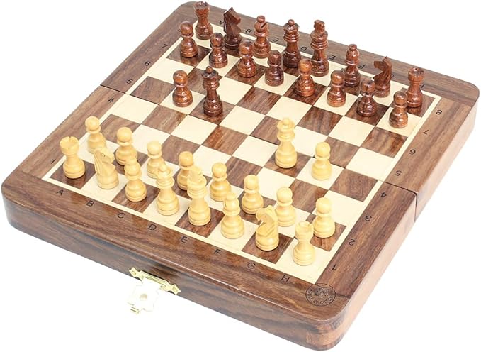 House of Chess - 6.5 Inch Wooden Magnetic Folding Travel Chess Set | Board - Algebraic Notation - Two Extra Queens - Handmade - Premium Quality (Golden Rosewood/Maple Wood)