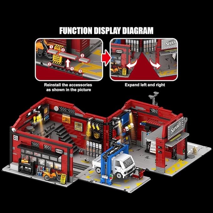 39148 American-Style Parking Repair Shop Building Block Set with Lighting 2819 Pieces Shop Building Model Building Block Sets Adult Creative Enthusiast Model Gifts and Unique Collectibles