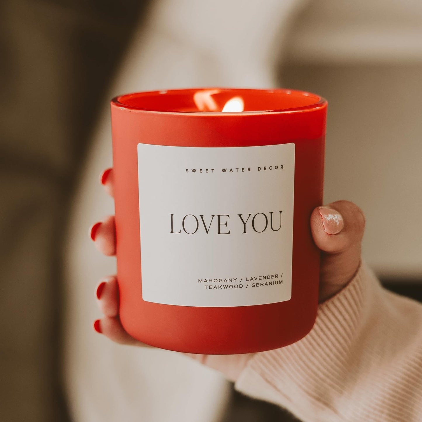 Sweet Water Decor Love You Scented Candles - Soy Candles with Fresh Lavender, Geranium, Warm Mahogany and Earthy Teakwood - Candle Wax with 70 Hours Burn Time - 15Oz Red Matte Jar Wax Candle
