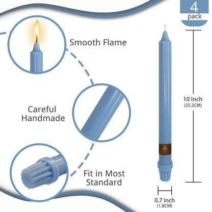 NJAO HOO Grey Blue Candlesticks 10 Inch Handmade Dripless Taper Candles Unscented Colored Candle Set, Pack of 4 - Up to 9-11 Hours Burn