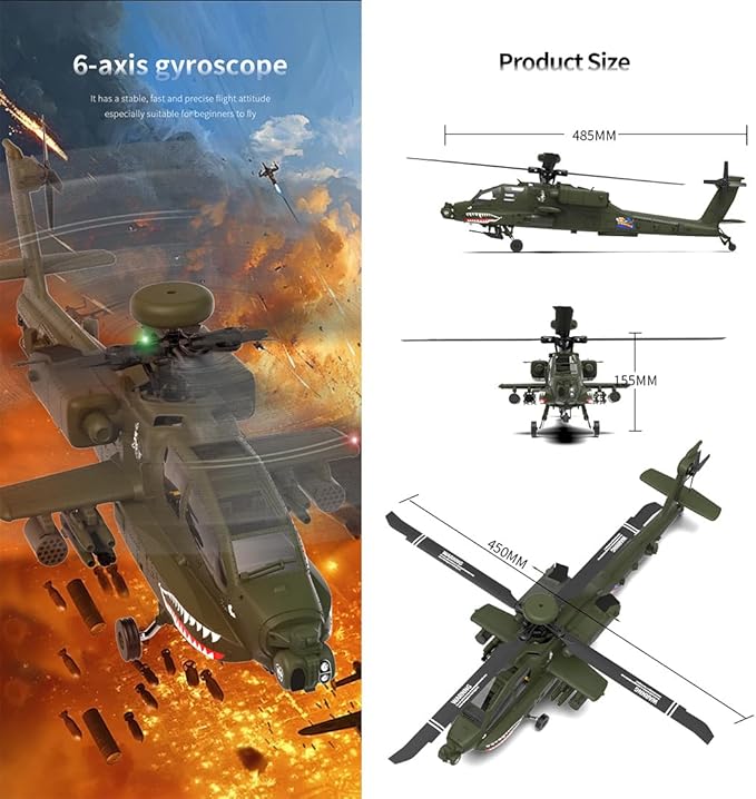 YUXIANG F11 AH64 RC Helicopter for Adults for AH64 Apache 1/32 Scale 2.4G 6CH 6G/3D Stunt Remote Control Military Aircraft Toys with 6-Axis Gyro &amp 2 Brushless Motor &amp Lights - BNF