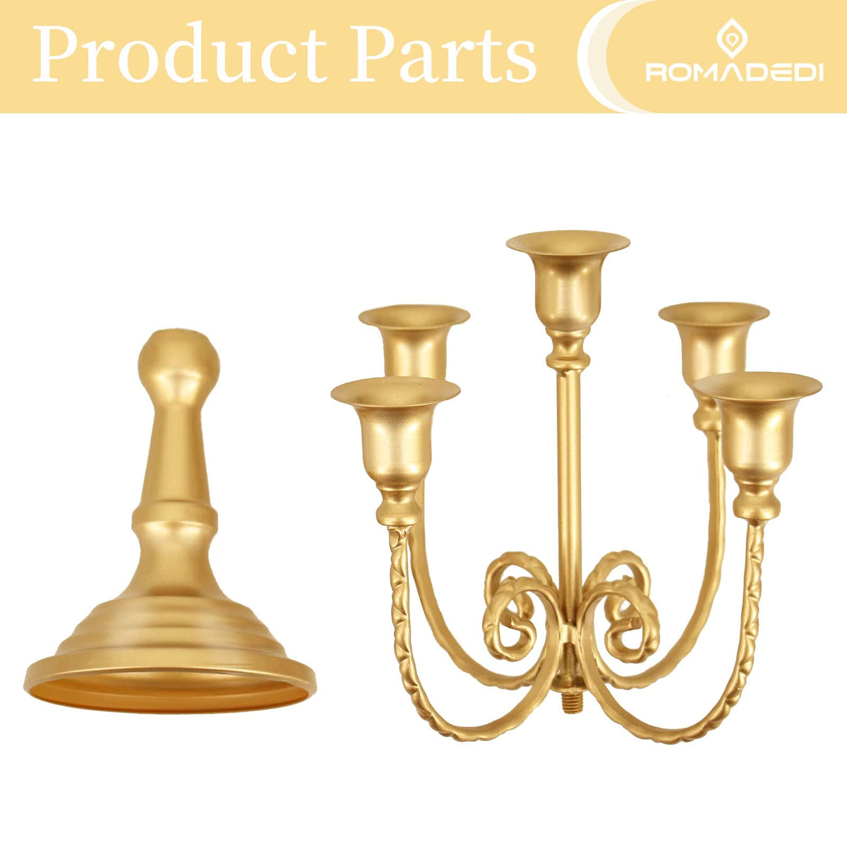 Romadedi Candelabra Gold Candle Holders - 5 Arm 11.8" Wedding Candlestick Holder for Theme Party Table Centerpiece Decor Dining Room Birthday Holiday Christmas, Set of 2