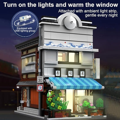 Japanese Sushi House Architecture Building Blocks Set – 1665PCS Creative Street View Model with Lighting &amp 1 People Creative Construction Shop House City View Birthday Gift for Adult