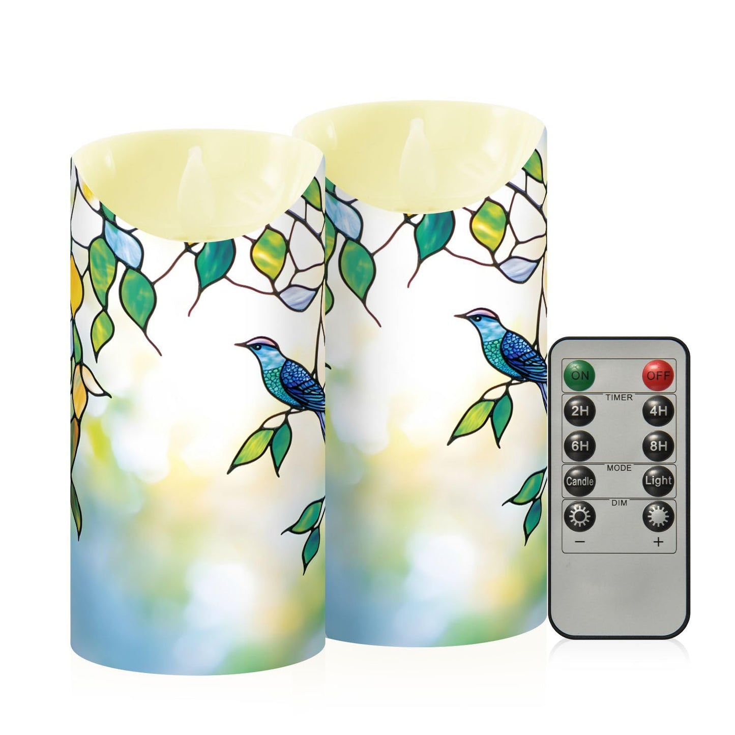 Flameless Candles Set of 2 Bird Leaf Stained Glass Realistic LED Candles with Remote Battery Operated Holiday Decorations