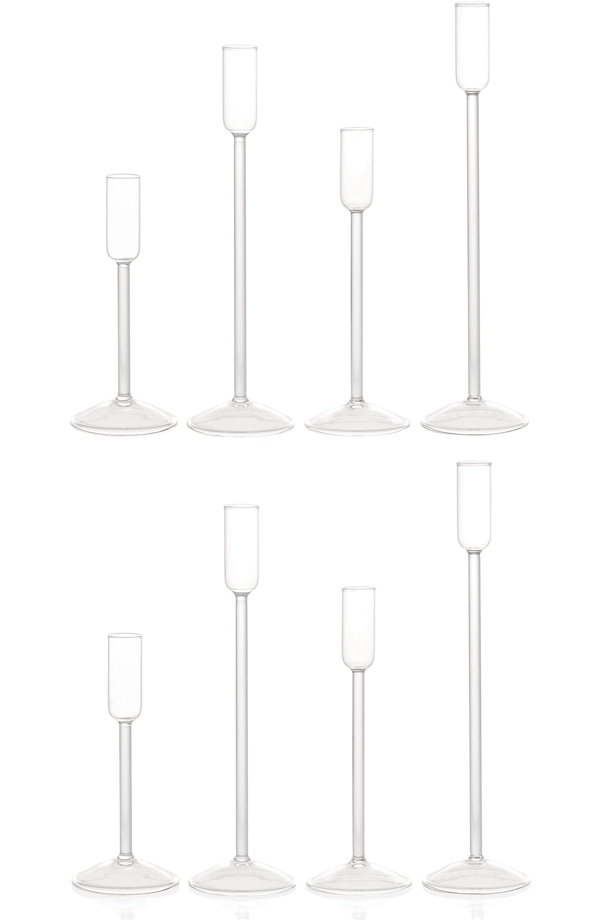 Willceka Candle Holder, Glass Taper Candle Tall Candlestick Holder, 4 Different Heights, for Table Centerpiece, Wedding, Party, Clear, 8pcs