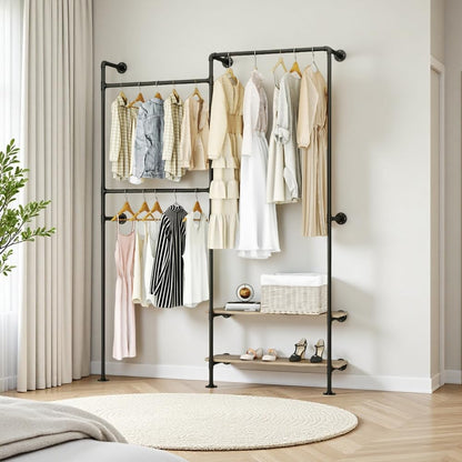 KaKaBB Industrial Pipe Wall-Mounted Clothing Rack with Double Hanging Rods & Shelves - Heavy Duty Storage for Wardrobe, Bedroom, Walk-In Closet (Black)