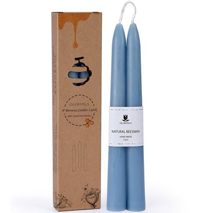 Olorvela Blue Beeswax Taper Candles,8" Long Candlestick,smokeless dripless unscented Natural Beeswax Candles.for Gift,Mother's Day (Blue)