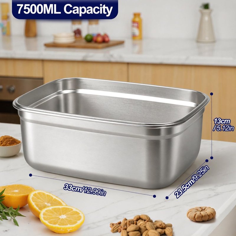 QCQHDU Stainless Steel Food Storage Containers, 7500 ML/ 254 oz / 32 Cup Large Food Storage Meal Prep Containers with Airtight Lids for Roasting Turkey, Chicken, Baking Casserole, Fruits, Party