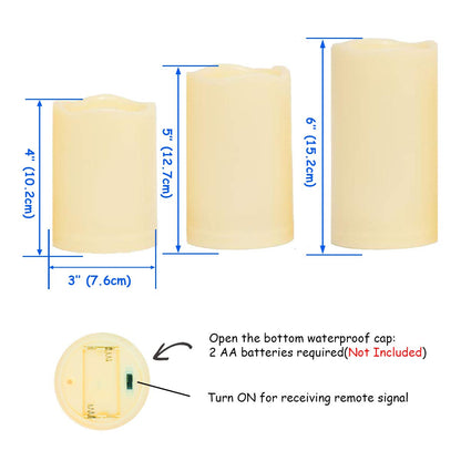 3PCS 4" 5" 6" Outdoor Waterproof LED Pillar Candles with Remote & Timer/Large Battery Operated Flickering Flameless Plastic Fake Candles for Outside Patio Decorative Hanging Lantern Home Decor