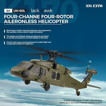K170 UH60L Remote Controlled Helicopter for Adults RC Aircraft Plane 2.4Ghz 4CH RC Helicopter Heli Aileronless 6-Axis Gyroscope Altitude Hovering (1 Battery)