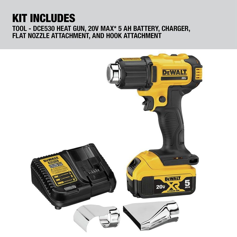 DEWALT 20V MAX Heat Gun Kit, Cordless, Up to 990 Degrees, 42 Minutes of Run Time, LED Light, Battery and Charger Included (DCE530P1)
