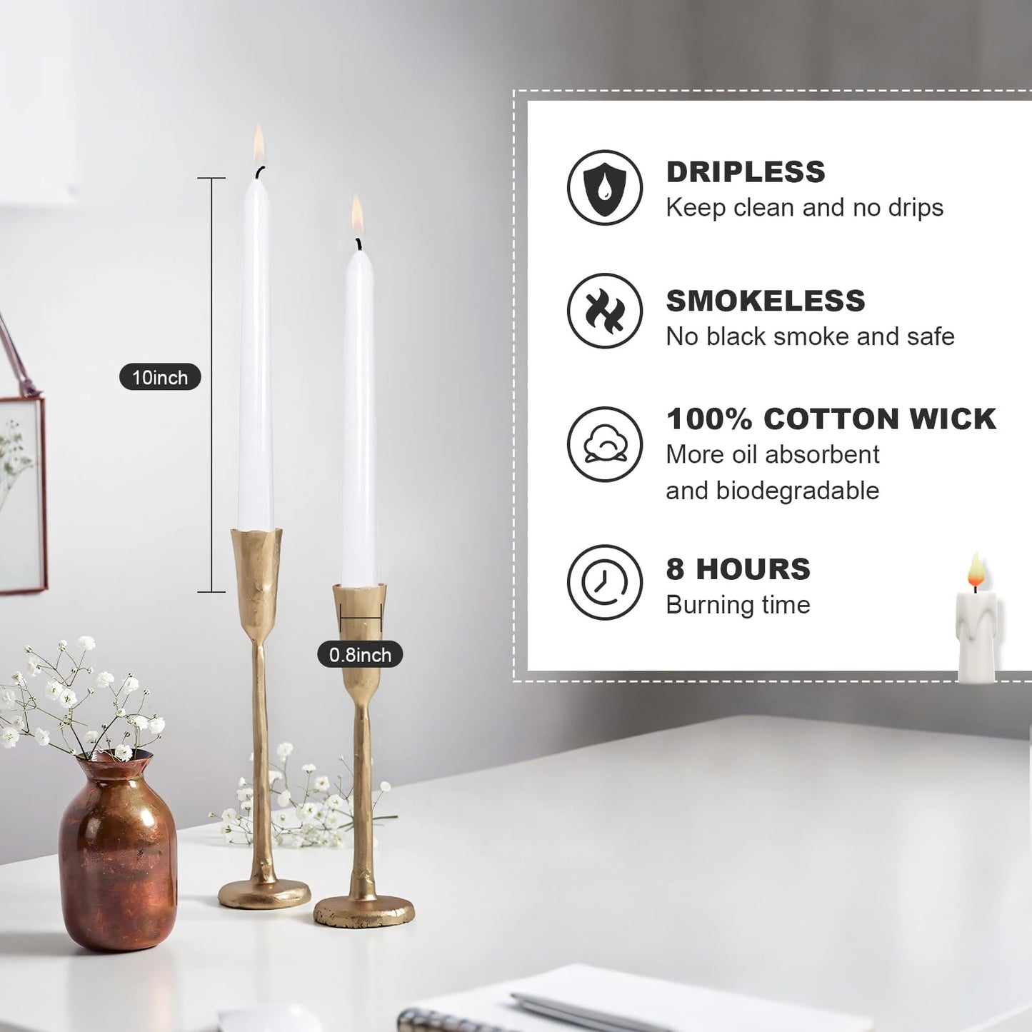 Ksefey 10 Inch White Taper Candles Set of 6 - Dripless,Unscented,8 Hours Burn Time-Perfect for Wedding,Dinner,Party and Home Decor