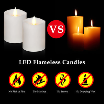 Woocodowe 3"x4" Flickering Flameless Battery Candles with Timer, White Realistic LED Pillar Candles, Set of 2 Large Remote-Operated Candles for Home Indoor/Outdoor & Holiday Decor