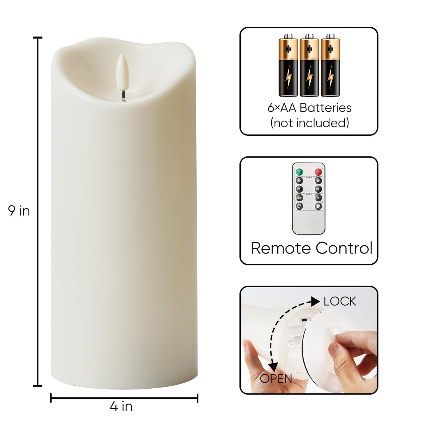 Homemory 4"x9" Outdoor Waterproof Flameless Candles with Timers and Remote Control, Battery Operated Candles, LED Plastic Candles, Ivory White, Set of 2