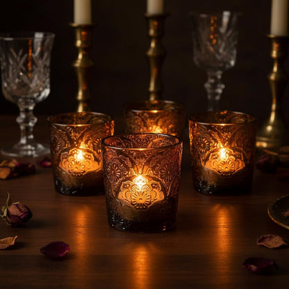 12 Pack Mandala Embossed Glass Candle Holders – Votive Tealight Holders with Patent Design, Decorative Embossed Glass Cups for Wedding Centerpieces, Parties, and Home Décor (Chestnut Brown)