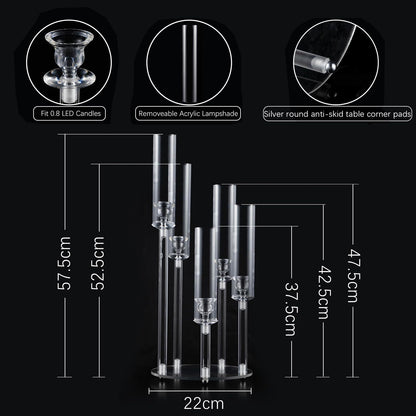 4PCS 5 Arm Acrylic Candelabra for Table Wedding Centerpiece,Crystal Clear Candle Stick Holders Candelabra Centerpiece Stands with Removable Lampshade for Party Easter Baby Shower Fit 0.8 LED Candle