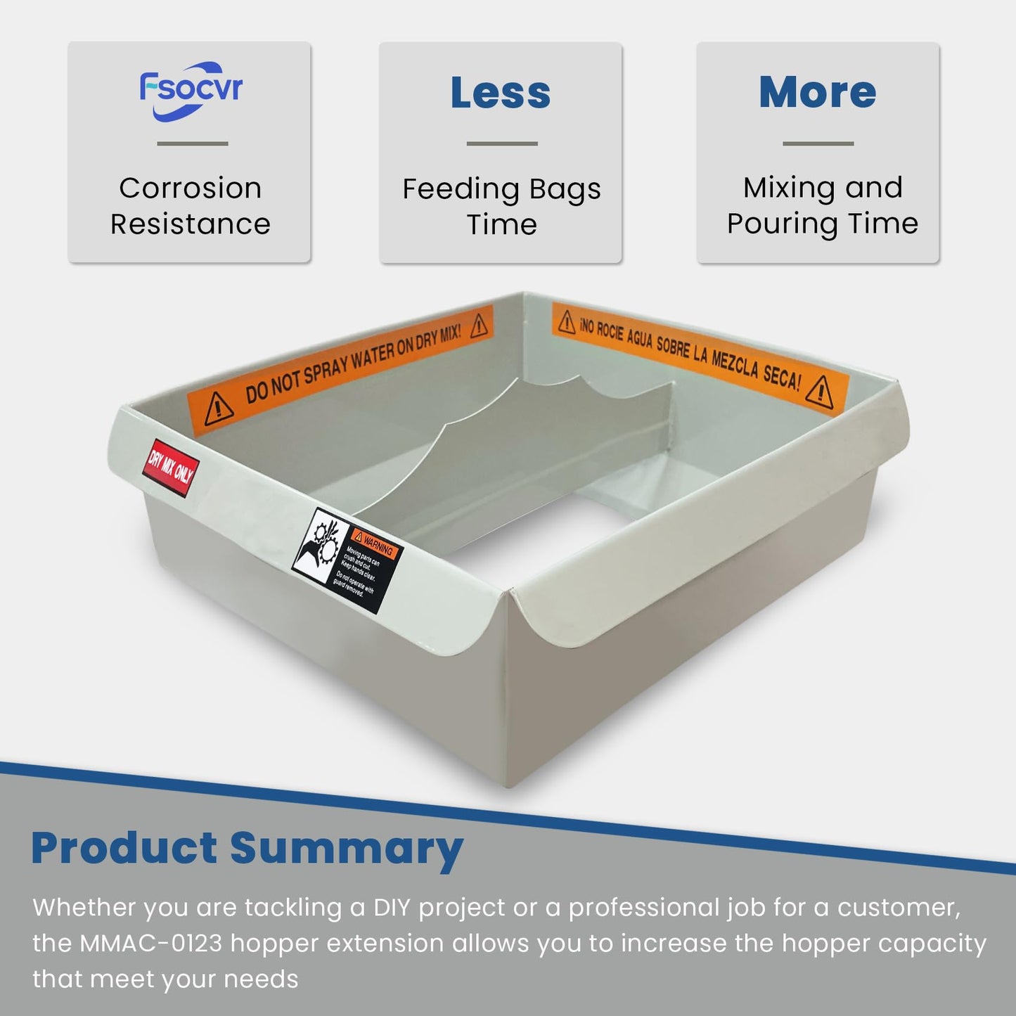 Upgraded MMAC-0123 Hopper Extension Compatible with Both Mud Mixer MMXR-3221 and Evolution Models, 250% More Dry Mix Capacity can Hold Approximately 5 Bags of 80 Pound Dry Mix at One Time