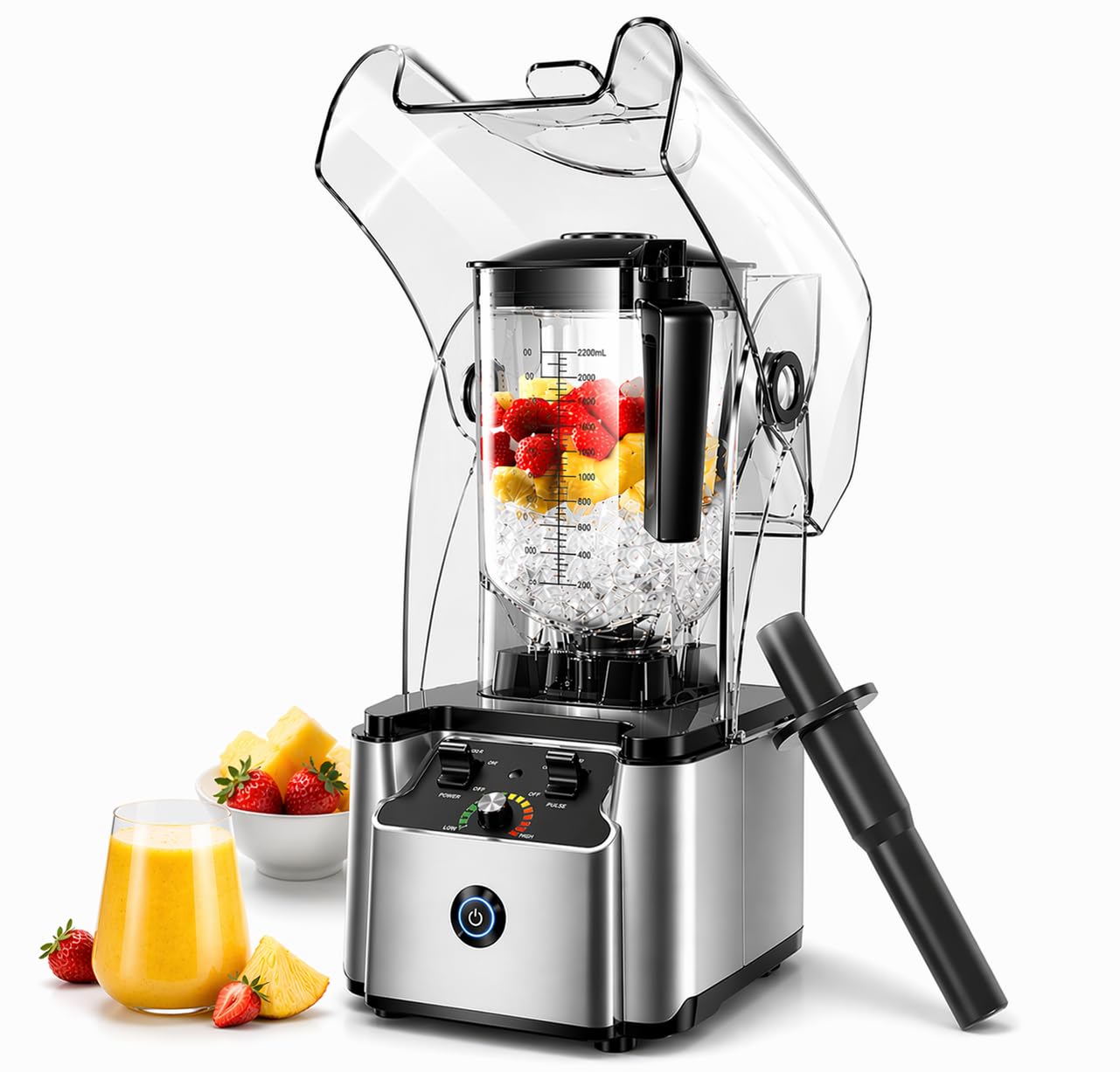 WantJoin Commercial Professional Blender With Shield Quiet Sound Enclosure 2200W Industries Strong and Quiet Professional-Grade Power, Self-Cleaning, Silver