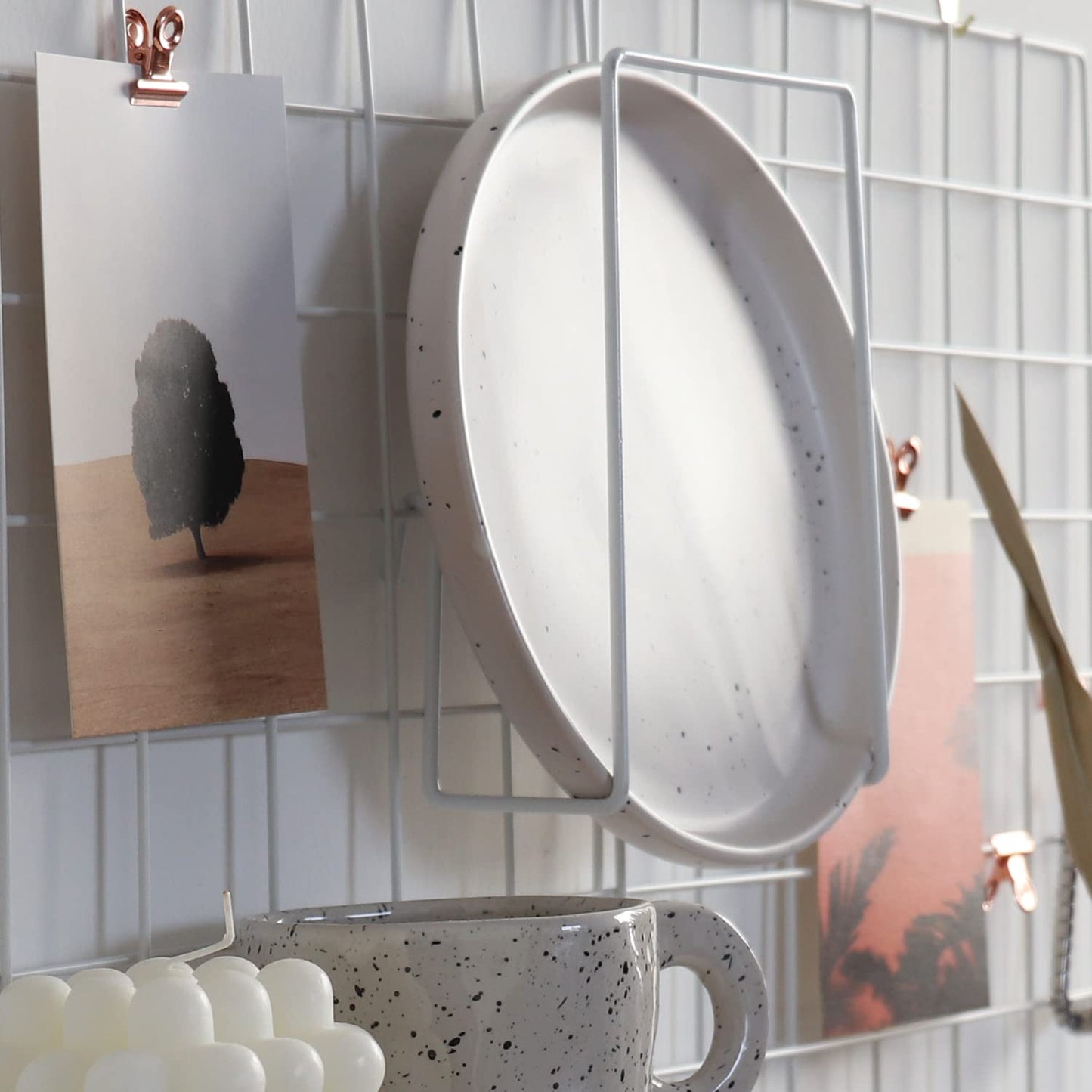 FRIADE Wall Grid Panel for Photo Display,Wall Storage Organizer,5 Metal Clips & 3 S Hooks & 4 Nails & 4 Plastic Hanging Buckles and 4 Screws Offered,Size 17.5" x 11.8",Set of 2 (White)