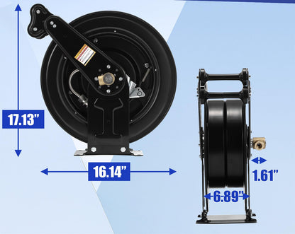 Retractable Hose Reel, Double Arm 3/8 in x 50 ft Heavy Duty Steel Professional Power Wash Hose Reel for Oil/Air/Water 4000 PSI with 5 ft Lead [Pressure cleaning hose not included ]