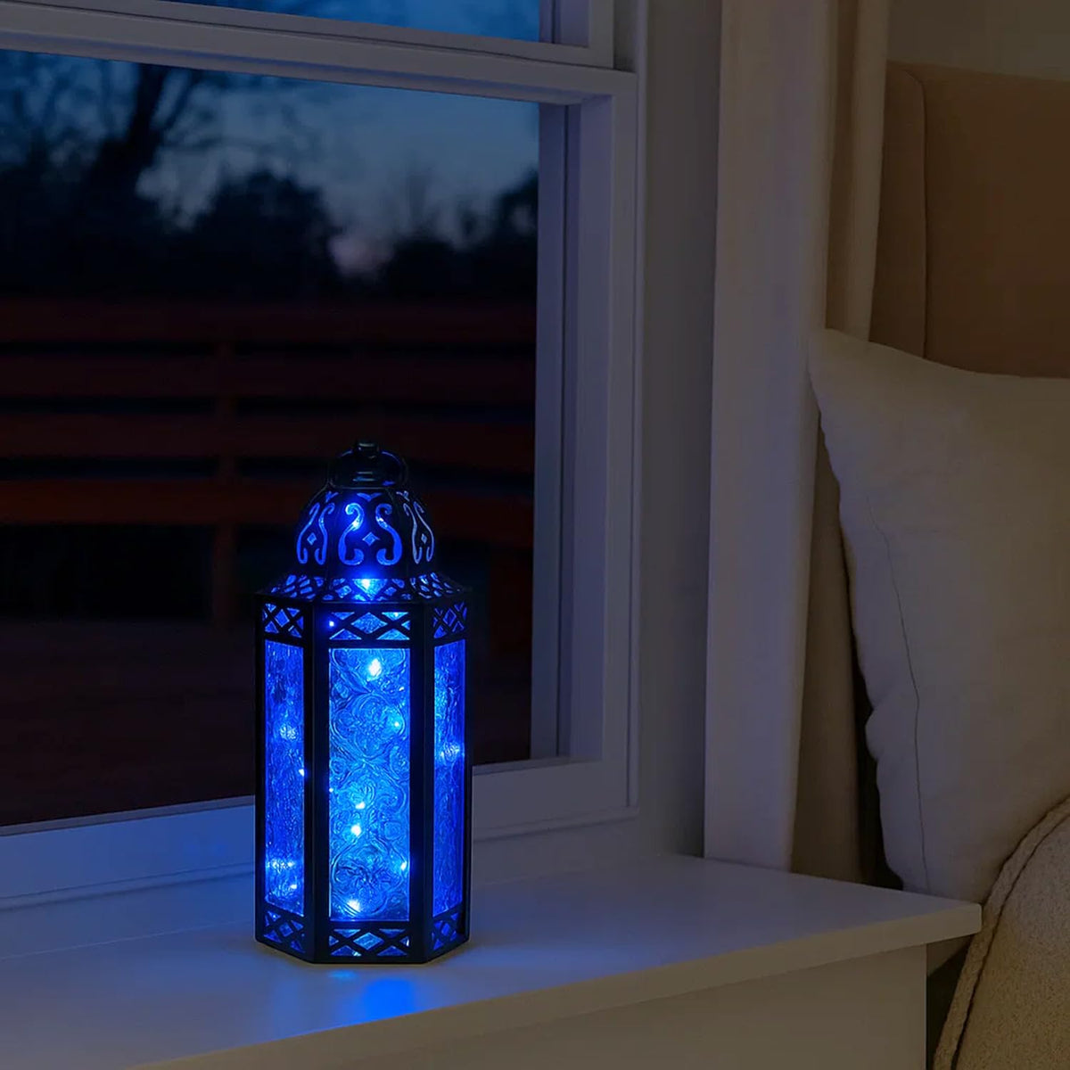 Vela Lanterns Decorative Indoor Moroccan Candle Holder & LED Fairy Lights -Twinkle Turkish Lamp, Fantasy Home Decor Table Centerpieces, Hanging Outdoor Patio Porch Wedding Ramadan (10.5", Blue)