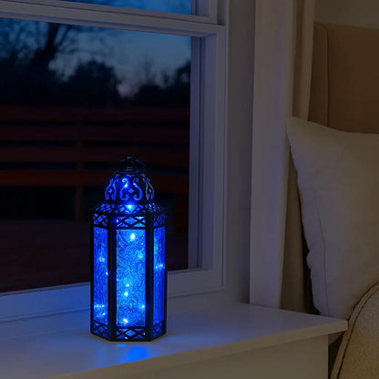 Vela Lanterns Decorative Indoor Moroccan Candle Holder & LED Fairy Lights -Twinkle Turkish Lamp, Fantasy Home Decor Table Centerpieces, Hanging Outdoor Patio Porch Wedding Ramadan (10.5", Blue)