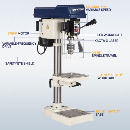 QD-KYOHO 10-Inch Benchtop Drill Press- Variable Speed 50-3000 RPM,Bench Drill Press Cast Iron Table & Base, 6.2-Amp Drill Presses With Laser And LED Work Light ，0.4 kW Variable Frequency Drive (white)