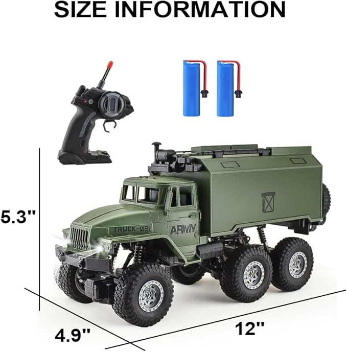 RC Military Truck for Boys 4-7 1:16 Remote Control 4WD Off-Road Crawler Army Cars Toys with 2 Rechargeable Batteries All Terrain Toy Vehicle with Lights Birthday for Kids