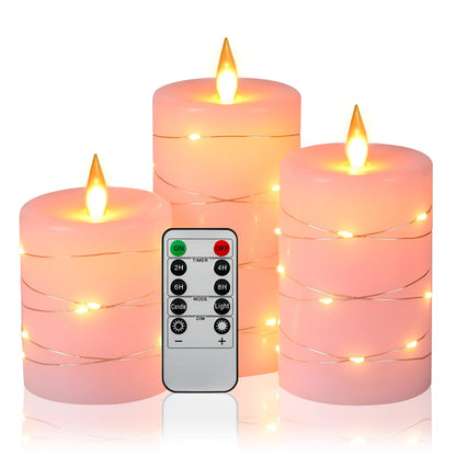 Da by 3 Pack Pink Real Wax Flameless Taper Candles, Lifelike Flickering LED Flame Candles with Surrounding Fairy String Lights, Soft Warm Battery Candles with Remote for Home Wedding Party Decor