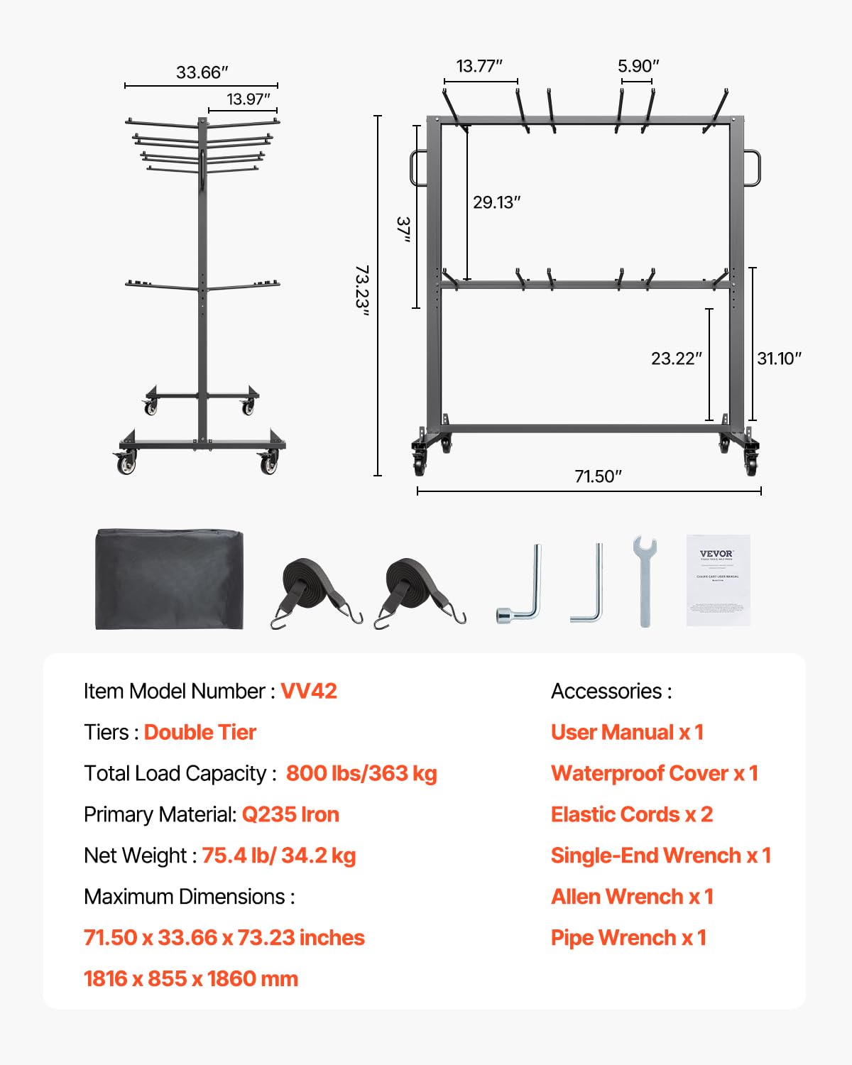 VEVOR Folding Chair Rack, 800 LBS Capacity, Heavy-Duty Chair Cart for 84 Chairs/ 12 Tables+42 Chairs, Dual-Layer Chair Storage Dolly with Rubber Wheels and Holders, Large Chair Holder, Matte Black