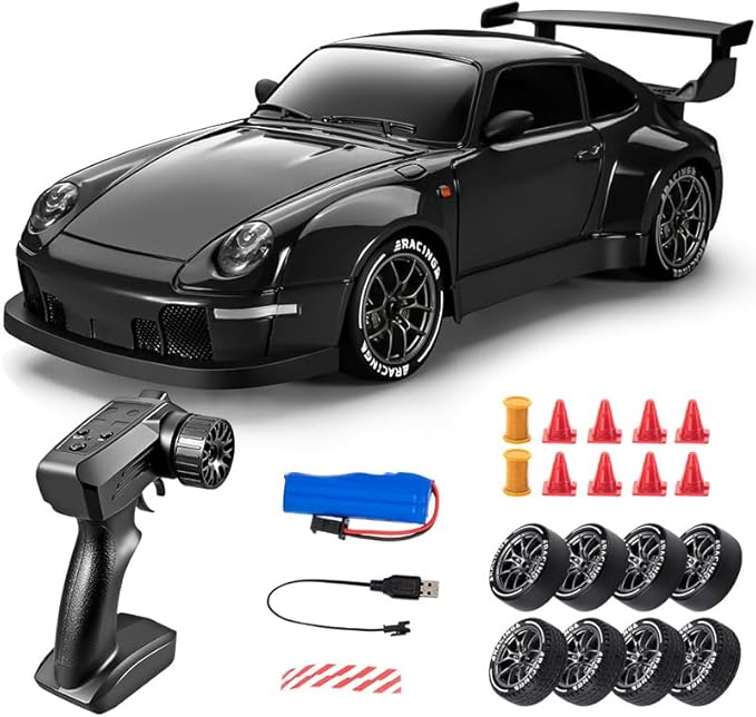 High Speed 1:24 4WD RC Drift Car with Proportional 2.4G Remote Control Dual Tire Configuration and LED Light Racing Vehicle Model for Adults Enthusiasts– Black