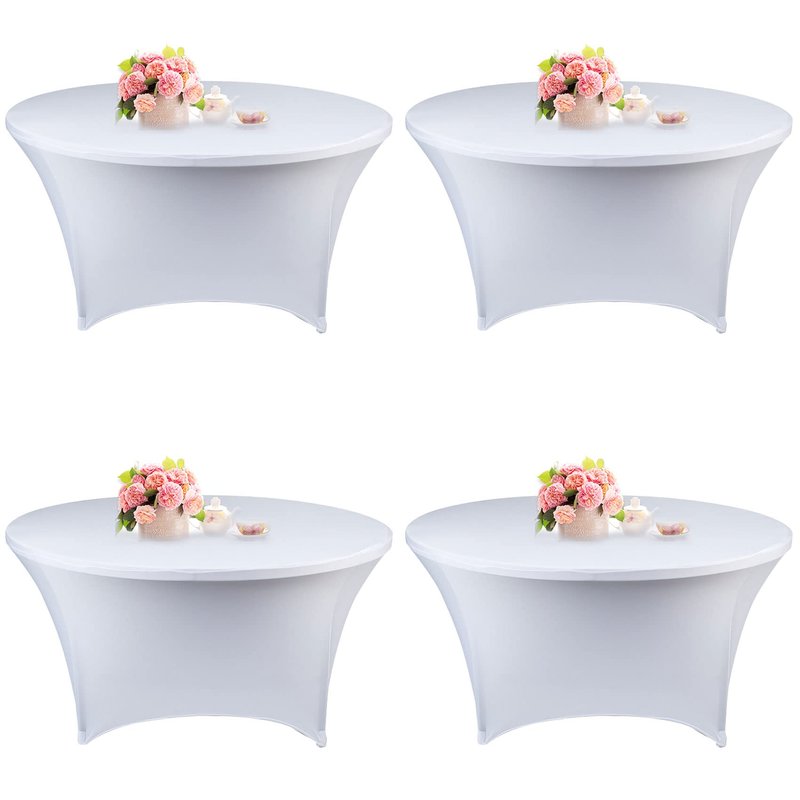 4 Pack 6FT Round Spandex Tablecloth 72 Inch White Stretchable Table Cover Washable and Wrinkle Resistant Table Cloth, Fitted Round Table for Wedding, Banquet, Birthday, Party, Restaurant (White)