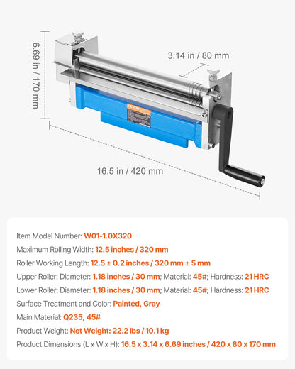VEVOR Slip Roller, 12.6 inches, Sheet Metal Slip Roll Machine, 20 Gauge Capacity, Rolling Bending Machine with Detachable Rollers, 21 HRC, for Aluminum Alloy Sheet Low Carbon Steel Copper Sheet