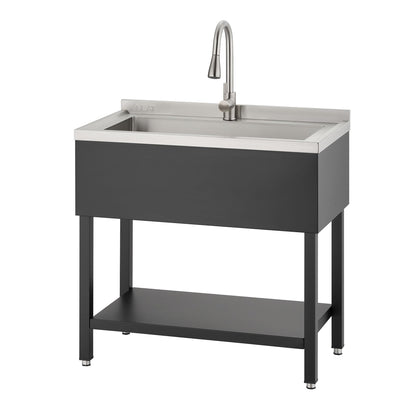 NEAT by TRINITY Stainless Steel Utility Sink, Oversized Freestanding Single Bowl Utility Sink with Pull-Out Faucet, for Garage, Laundry Room, Shop, NSF Certified, 36"W x 20"D x 50"H, Black