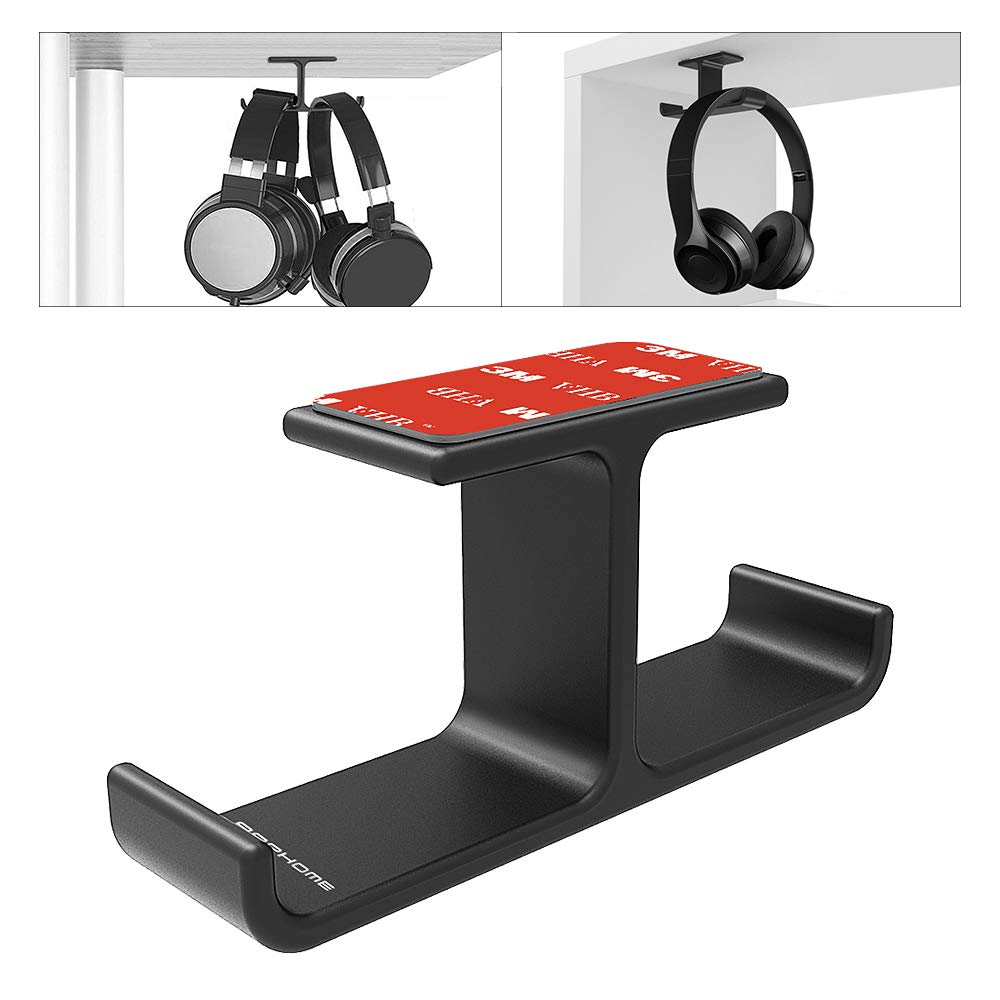 APPHOME Headphone Hanger Stand Under Desk Hook Aluminum Stick-On Adhesive Dual Headsets Holder Mount PC Gaming Accessories for All Headphones