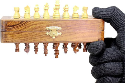 House of Chess - 6.5 Inch Wooden Magnetic Folding Travel Chess Set | Board - Algebraic Notation - Two Extra Queens - Handmade - Premium Quality (Golden Rosewood/Maple Wood)