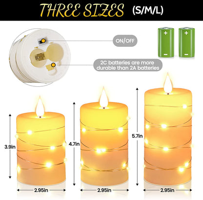 Da by 3 Pack Ivory Real Wax Flameless Taper Candles, Lifelike Flickering LED Flame Candles with Surrounding Fairy String Lights, Soft Warm Battery Candles with Remote for Home Wedding Holiday Decor