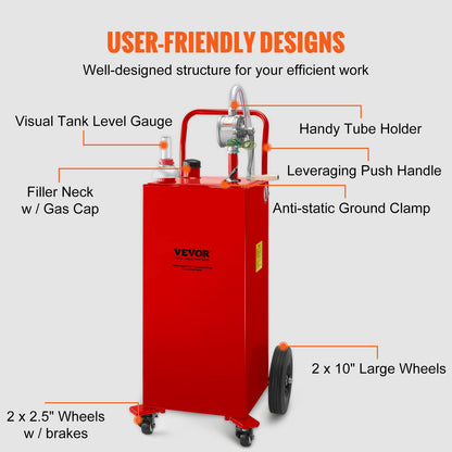 VEVOR Fuel Caddy 35 Gallon, Gas Storage Tank on 4 Wheels, with Manual Transfer Pump, Gasoline Diesel Fuel Container for Cars, Lawn Mowers, ATVs, Boats & More, Red