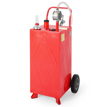 35 Gallon Fuel Gas Caddy Storage Tank, Portable Gas Caddy Fuel Transfer Tank with Wheels, Manual Rotary Pump, Hose, Wide Mouth Fill Port, Fuel Level Gauge, Mobile Gasoline Diesel Transfer Cart for ATV, Tractor, Mower, Car, Boat