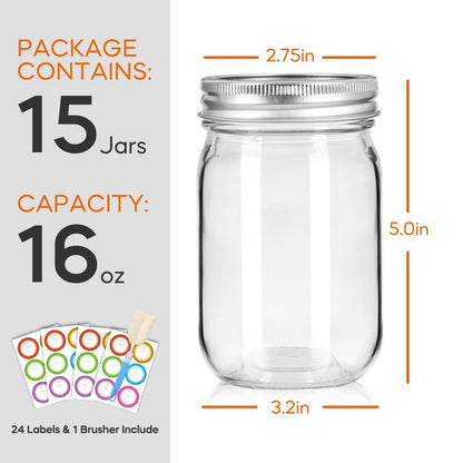 Mcupper Glass Mason Jars 16 oz with Airtight Lids and Bands - 15 Pack Regular Mouth Pint Canning Jars for Pickling, Meal Prep, Overnight Oats, Dry Food & DIY Crafts - Includes 24 Stickers & Brush