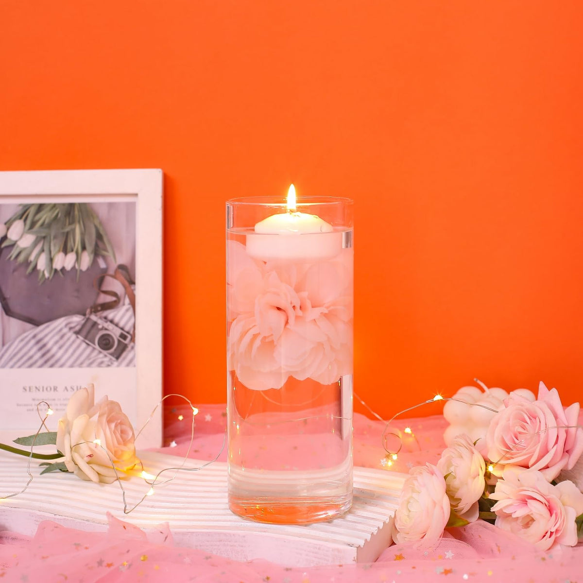 WPPNSY 24 Pcs Floating Candles for Centerpieces and Floating Flowers Artificial Flowers Head Vase Filler for Party Home Table Wedding Centerpieces Decoration (Pink)
