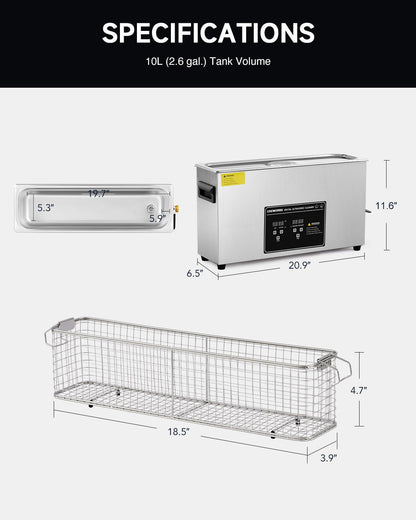 CREWORKS 10L Digital Ultrasonic Cleaner for Elongated Objects, 240W Professional Ultrasonic Parts Cleaner with Heater and Timer, 2.6 gal Lab Ultrasound Cleaner Machine for Gun Part Machine Auto Tool